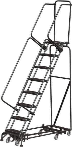 Ballymore - 113" 8 Step Rolling Warehouse Ladder - Lock Step Rolling Safety Ladder, 450 Lb Capacity, 80" Platform Height, 24" Base Width x 61" Base Depth, Perforated Tread - Eagle Tool & Supply