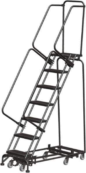 Ballymore - 103" 7 Step Rolling Warehouse Ladder - Lock Step Rolling Safety Ladder, 450 Lb Capacity, 70" Platform Height, 24" Base Width x 55" Base Depth, Perforated Tread - Eagle Tool & Supply