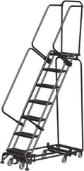 Ballymore - 103" 7 Step Rolling Warehouse Ladder - Lock Step Rolling Safety Ladder, 450 Lb Capacity, 70" Platform Height, 24" Base Width x 55" Base Depth, Perforated Tread - Eagle Tool & Supply