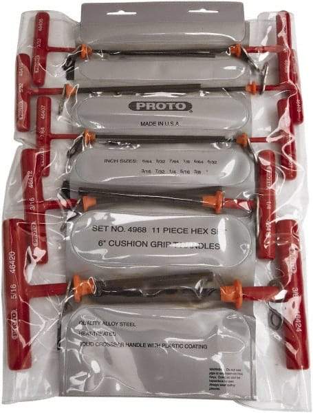 Proto - 11 Piece T-Handle Cushion Grip Tethered Hex Key Set - Hex Range 5/64 to 3/8" - Eagle Tool & Supply