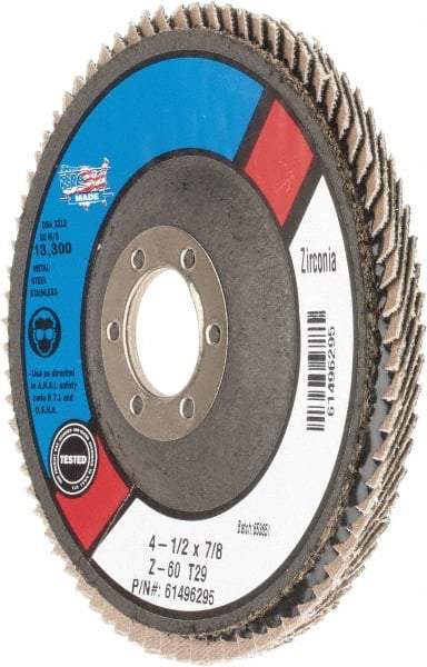 Camel Grinding Wheels - 60 Grit, 4-1/2" Disc Diam, 7/8" Center Hole, Type 29 Zirconia Alumina Flap Disc - Poly Cotton Backing, Arbor Attaching System, Coated - Eagle Tool & Supply