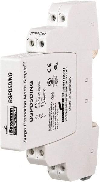 Cooper Bussmann - 4 Pole, 1 Phase, 90mm Long x 12mm Wide x 71.99mm Deep, Hardwired Surge Protector - DIN Rail Mount, 24 V, 23.30 VAC, 33 VDC Operating Voltage, 20 kA Surge Protection - Eagle Tool & Supply