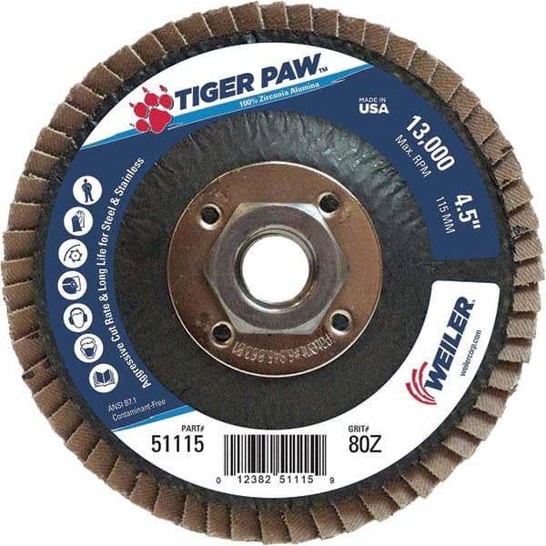 Weiler - 80 Grit, 4-1/2" Disc Diam, 5/8-11 Center Hole, Type 27 Zirconia Alumina Flap Disc - 13,000 Max RPM, Phenolic Backing, Arbor Attaching System, Coated - Eagle Tool & Supply