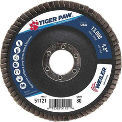 Weiler - 80 Grit, 4-1/2" Disc Diam, 7/8" Center Hole, Type 29 Zirconia Alumina Flap Disc - 13,000 Max RPM, Phenolic Backing, Arbor Attaching System, Coated - Eagle Tool & Supply