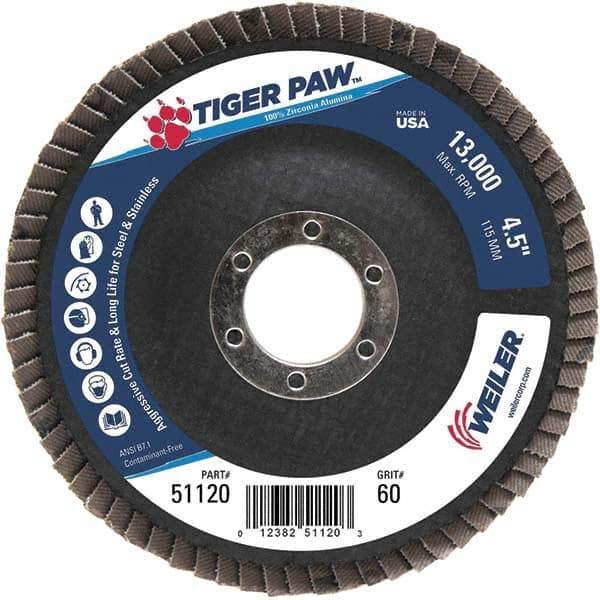 Weiler - 60 Grit, 4-1/2" Disc Diam, 7/8" Center Hole, Type 29 Zirconia Alumina Flap Disc - 13,000 Max RPM, Phenolic Backing, Arbor Attaching System, Coated - Eagle Tool & Supply