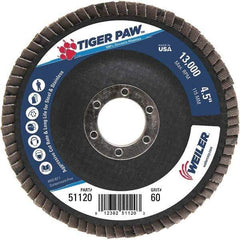 Weiler - 60 Grit, 4-1/2" Disc Diam, 7/8" Center Hole, Type 29 Zirconia Alumina Flap Disc - 13,000 Max RPM, Phenolic Backing, Arbor Attaching System, Coated - Eagle Tool & Supply