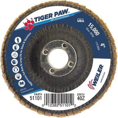 Weiler - 40 Grit, 4" Disc Diam, 5/8" Center Hole, Type 27 Zirconia Alumina Flap Disc - 15,000 Max RPM, Phenolic Backing, Arbor Attaching System, Coated - Eagle Tool & Supply