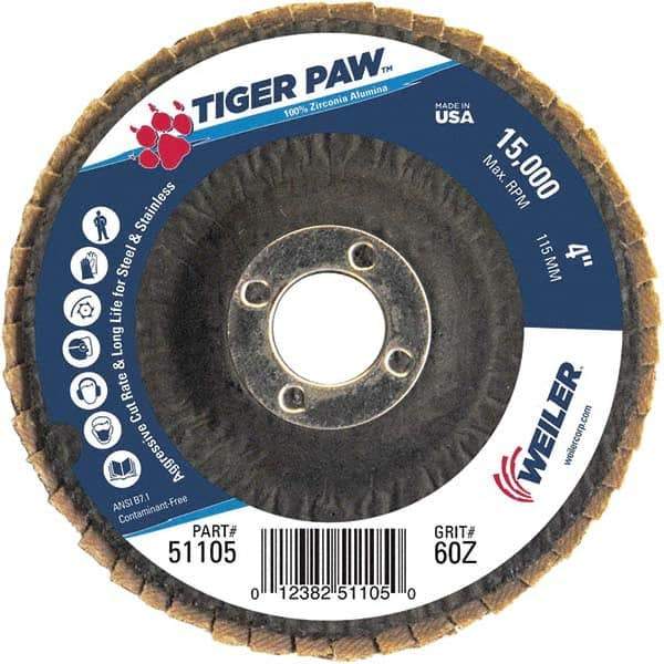 Weiler - 60 Grit, 4" Disc Diam, 5/8" Center Hole, Type 29 Zirconia Alumina Flap Disc - 15,000 Max RPM, Phenolic Backing, Arbor Attaching System, Coated - Eagle Tool & Supply