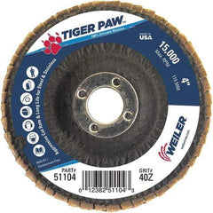 Weiler - 40 Grit, 4" Disc Diam, 5/8" Center Hole, Type 29 Zirconia Alumina Flap Disc - 15,000 Max RPM, Phenolic Backing, Arbor Attaching System, Coated - Eagle Tool & Supply