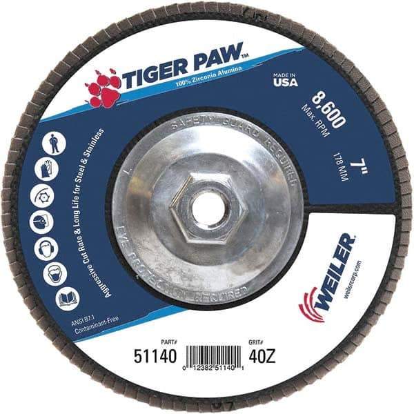 Weiler - 40 Grit, 7" Disc Diam, 5/8-11 Center Hole, Type 27 Zirconia Alumina Flap Disc - 8,600 Max RPM, Phenolic Backing, Arbor Attaching System, Coated - Eagle Tool & Supply