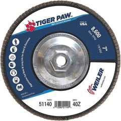Weiler - 40 Grit, 7" Disc Diam, 5/8-11 Center Hole, Type 27 Zirconia Alumina Flap Disc - 8,600 Max RPM, Phenolic Backing, Arbor Attaching System, Coated - Eagle Tool & Supply