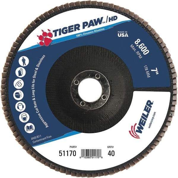 Weiler - 40 Grit, 7" Disc Diam, 7/8" Center Hole, Type 27 Zirconia Alumina Flap Disc - 8,600 Max RPM, Phenolic Backing, Arbor Attaching System, Coated - Eagle Tool & Supply
