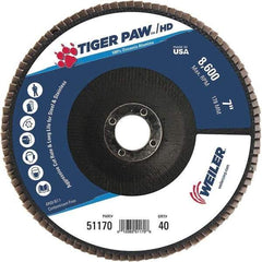 Weiler - 40 Grit, 7" Disc Diam, 7/8" Center Hole, Type 27 Zirconia Alumina Flap Disc - 8,600 Max RPM, Phenolic Backing, Arbor Attaching System, Coated - Eagle Tool & Supply