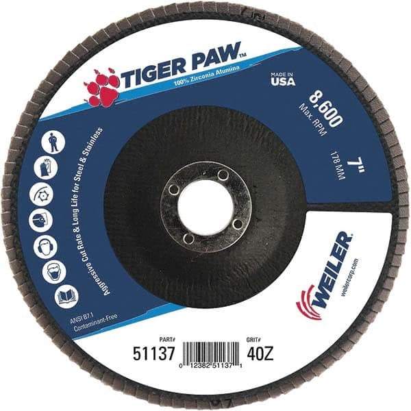 Weiler - 40 Grit, 7" Disc Diam, 7/8" Center Hole, Type 27 Zirconia Alumina Flap Disc - 8,600 Max RPM, Phenolic Backing, Arbor Attaching System, Coated - Eagle Tool & Supply