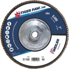 Weiler - 40 Grit, 7" Disc Diam, 5/8-11 Center Hole, Type 27 Zirconia Alumina Flap Disc - 8,600 Max RPM, Phenolic Backing, Arbor Attaching System, Coated - Eagle Tool & Supply