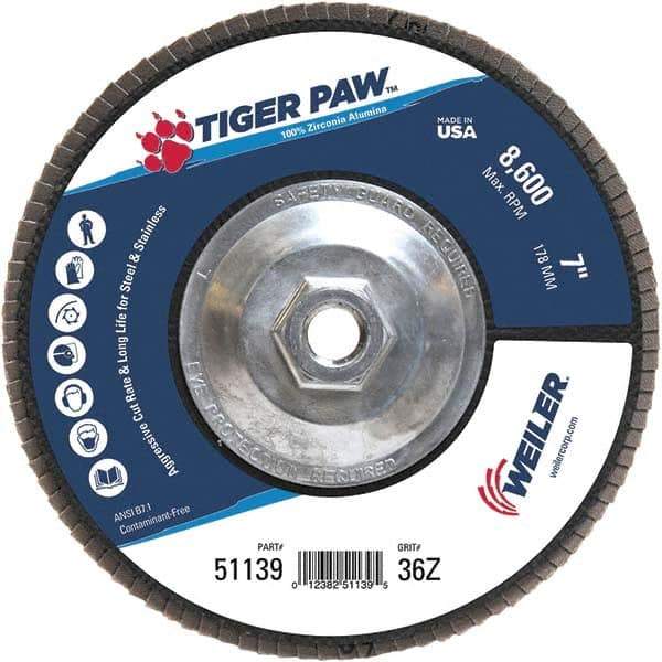 Weiler - 36 Grit, 7" Disc Diam, 5/8-11 Center Hole, Type 27 Zirconia Alumina Flap Disc - 8,600 Max RPM, Phenolic Backing, Arbor Attaching System, Coated - Eagle Tool & Supply