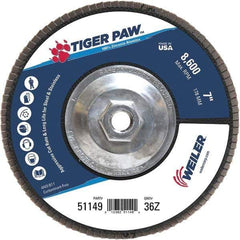 Weiler - 36 Grit, 7" Disc Diam, 5/8-11 Center Hole, Type 29 Zirconia Alumina Flap Disc - 8,600 Max RPM, Phenolic Backing, Arbor Attaching System, Coated - Eagle Tool & Supply