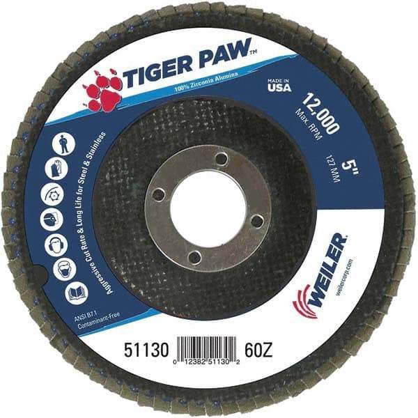 Weiler - 60 Grit, 5" Disc Diam, 7/8" Center Hole, Type 27 Zirconia Alumina Flap Disc - 12,000 Max RPM, Phenolic Backing, Arbor Attaching System, Coated - Eagle Tool & Supply