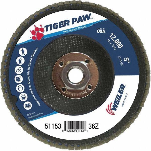 Weiler - 36 Grit, 5" Disc Diam, 5/8-11 Center Hole, Type 27 Zirconia Alumina Flap Disc - 12,000 Max RPM, Phenolic Backing, Arbor Attaching System, Coated - Eagle Tool & Supply