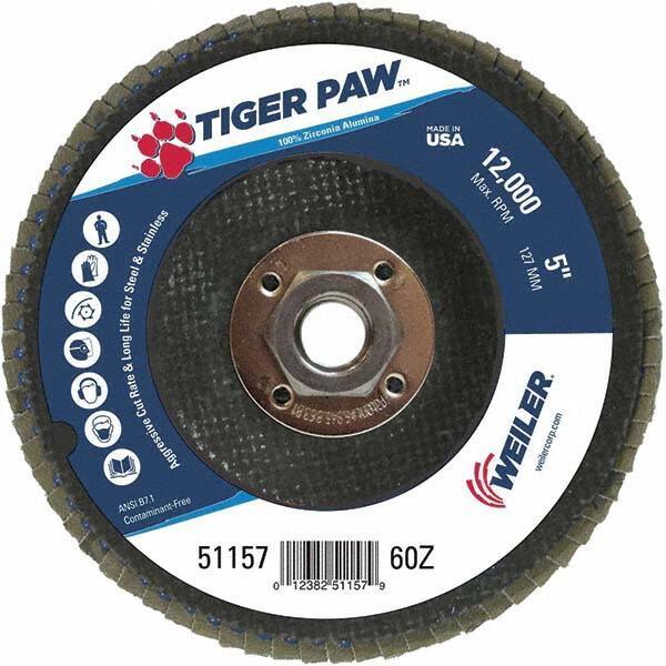 Weiler - 60 Grit, 5" Disc Diam, 5/8-11 Center Hole, Type 29 Zirconia Alumina Flap Disc - 12,000 Max RPM, Phenolic Backing, Arbor Attaching System, Coated - Eagle Tool & Supply