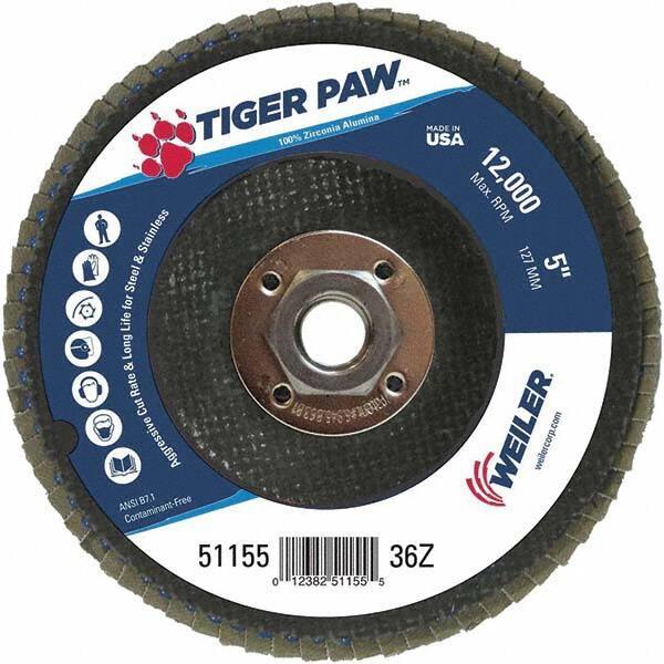 Weiler - 36 Grit, 5" Disc Diam, 5/8-11 Center Hole, Type 29 Zirconia Alumina Flap Disc - 12,000 Max RPM, Phenolic Backing, Arbor Attaching System, Coated - Eagle Tool & Supply