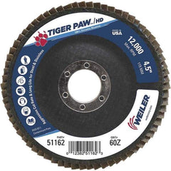 Weiler - 60 Grit, 4-1/2" Disc Diam, 7/8" Center Hole, Type 27 Zirconia Alumina Flap Disc - 12,000 Max RPM, Phenolic Backing, Arbor Attaching System, Coated - Eagle Tool & Supply