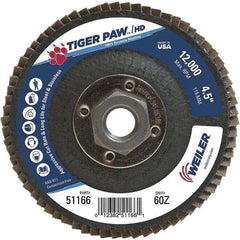 Weiler - 60 Grit, 4-1/2" Disc Diam, 5/8-11 Center Hole, Type 27 Zirconia Alumina Flap Disc - 12,000 Max RPM, Phenolic Backing, Arbor Attaching System, Coated - Eagle Tool & Supply