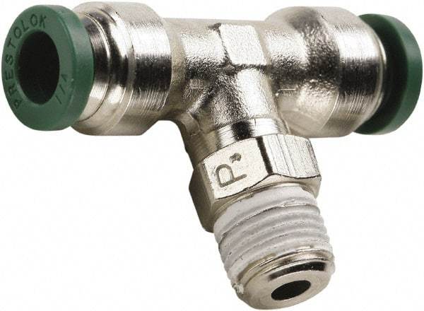 Parker - 3/8" Outside Diam, 1/2 NPT, Nickel Plated Brass Push-to-Connect Tube Male Swivel Branch Tee - 300 Max psi, Tube to Male NPT Connection, Buna-N O-Ring - Eagle Tool & Supply