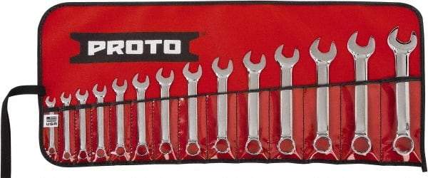 Proto - 14 Piece, 6mm to 19mm, 12 Point Extra Short Combination Wrench Set - Metric Measurement Standard, Full Polish Chrome Finish, Comes in Tool Roll - Eagle Tool & Supply