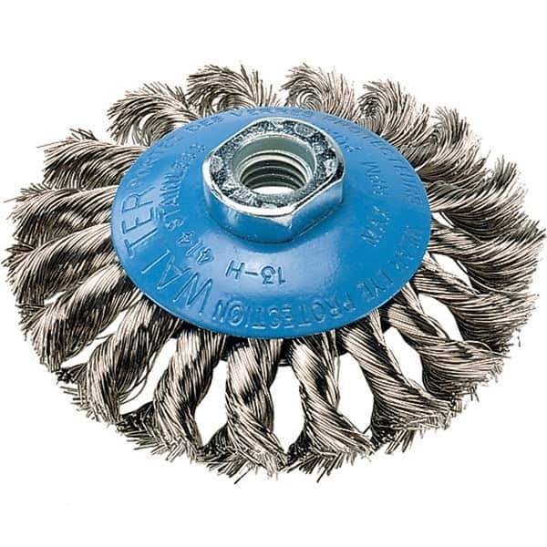 WALTER Surface Technologies - 4" Diam, 5/8-11 Threaded Arbor, Stainless Steel Fill Cup Brush - 0.015 Wire Diam, 20,000 Max RPM - Eagle Tool & Supply