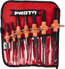 Proto - 7 Piece, 1/16 to 1/4", Tethered Pin Punch Set - Straight Shank, Comes in Nylon Roll - Eagle Tool & Supply