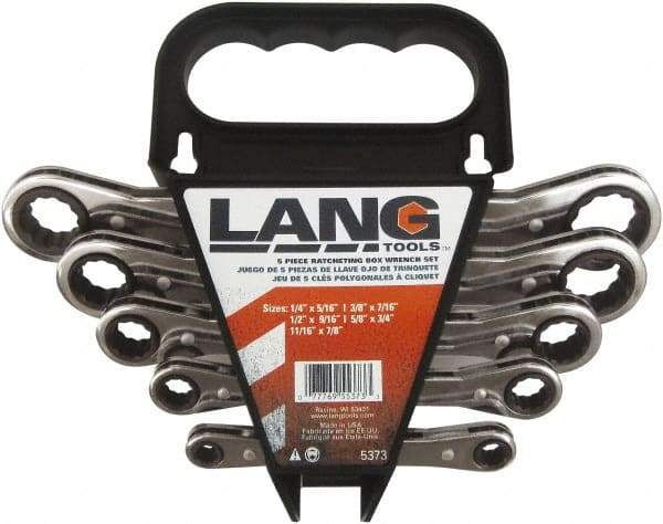 Lang - 5 Piece, 1/4" to 7/8", 12 Point Ratcheting Box Wrench Set - Inch Measurement Standard, Nickel Chrome Finish, Comes in Caddy - Eagle Tool & Supply