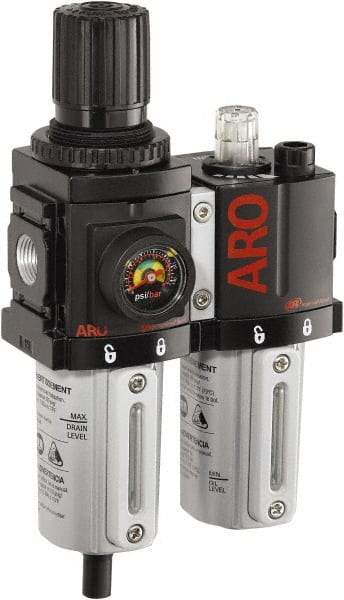 ARO/Ingersoll-Rand - 3/8" NPT Port Compact 2 Piece Filter/Regulator-Lubricator FRL Unit - Metal Bowl, 71 SCFM, 250 Max psi, 8.15" High x 4.409" Long, Manual Drain - Eagle Tool & Supply