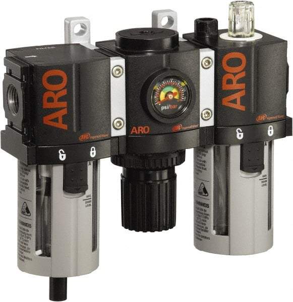 ARO/Ingersoll-Rand - 3/8" NPT Port Compact 3 Piece Filter-Regulator-Lubricator FRL Unit - Polycarbonate Bowl, 85 SCFM, 150 Max psi, 6.6" High x 6.614" Long, Manual Drain - Eagle Tool & Supply