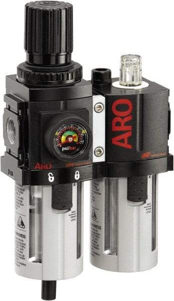 ARO/Ingersoll-Rand - 3/8" NPT Port Compact 2 Piece Filter/Regulator-Lubricator FRL Unit - Polycarbonate Bowl, 71 SCFM, 150 Max psi, 8.15" High x 4.409" Long, Automatic Drain - Eagle Tool & Supply