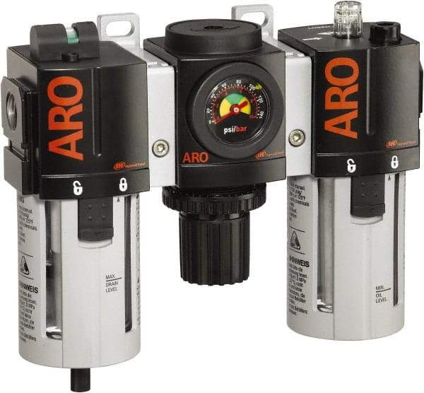 ARO/Ingersoll-Rand - 1/2" NPT Port Standard 3 Piece Filter-Regulator-Lubricator FRL Unit - Polycarbonate Bowl, 150 SCFM, 150 Max psi, 7.7" High x 8.693" Long, Manual Drain - Eagle Tool & Supply