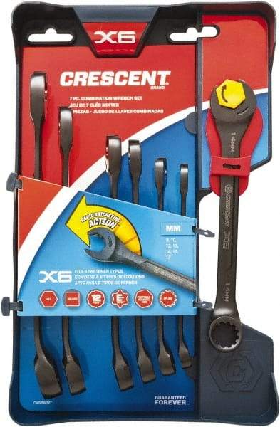 Crescent - 7 Piece, 8mm to 17mm, 12 Point Ratcheting Combination Wrench Set - Metric Measurement Standard, Black Finish, Comes in Caddy - Eagle Tool & Supply