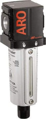 ARO/Ingersoll-Rand - 3/8" Port, 7.028" High x 2.244" Wide Compact Filter with Metal Bowl, Automatic Drain - 107 SCFM, 250 Max psi, 175°F Max Temp, Sight Glass Included, Modular Connection, 1 oz Bowl Capacity - Eagle Tool & Supply