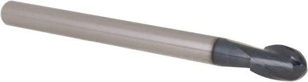 Accupro - 3/8" Diam, 9/16" LOC, 2 Flute Solid Carbide Ball End Mill - AlTiN Finish, Single End, 4" OAL, 5/16" Shank Diam, Spiral Flute - Eagle Tool & Supply