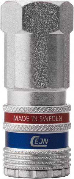 CEJN - 1/2 Female NPT Industrial Pneumatic Hose Safety Coupler - Steel/Brass, 1/4" Body Diam, 1/2" Hose ID - Eagle Tool & Supply