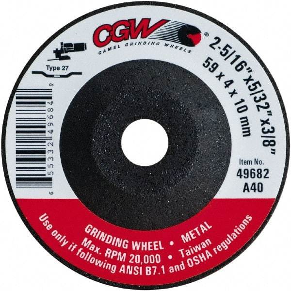 Camel Grinding Wheels - 40 Grit, 2-5/16" Wheel Diam, 5/32" Wheel Thickness, 3/8" Arbor Hole, Type 27 Depressed Center Wheel - Medium Grade, Aluminum Oxide, Resinoid Bond, 20,000 Max RPM - Eagle Tool & Supply
