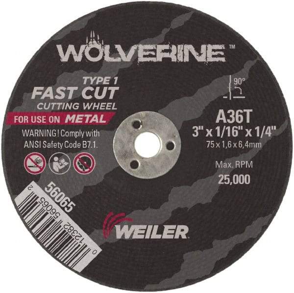 Weiler - 3" 36 Grit Aluminum Oxide Cutoff Wheel - 1/16" Thick, 1/4" Arbor, 25,000 Max RPM, Use with Die Grinders - Eagle Tool & Supply