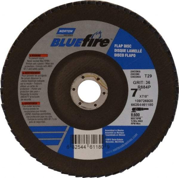 Norton - 36 Grit, 7" Disc Diam, 7/8" Center Hole, Type 29 Zirconia Alumina Flap Disc - 8,600 Max RPM, Cloth Backing, Arbor Attaching System, Coated - Eagle Tool & Supply