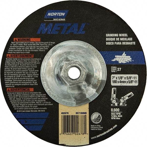 Norton - 24 Grit, 7" Wheel Diam, 1/8" Wheel Thickness, Type 27 Depressed Center Wheel - Extra Coarse Grade, Aluminum Oxide, 8,600 Max RPM, Compatible with Angle Grinder - Eagle Tool & Supply