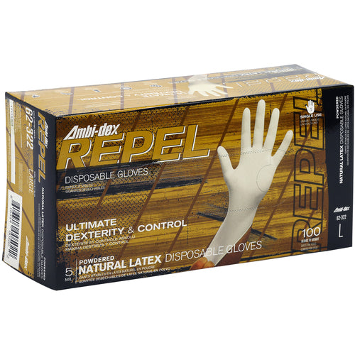 ‎62-322/M Disposable Gloves - Ambi-Dex Repel Disposable Latex - 5 Mil Natural - Powdered - Text Grip - Exact Industrial Supply