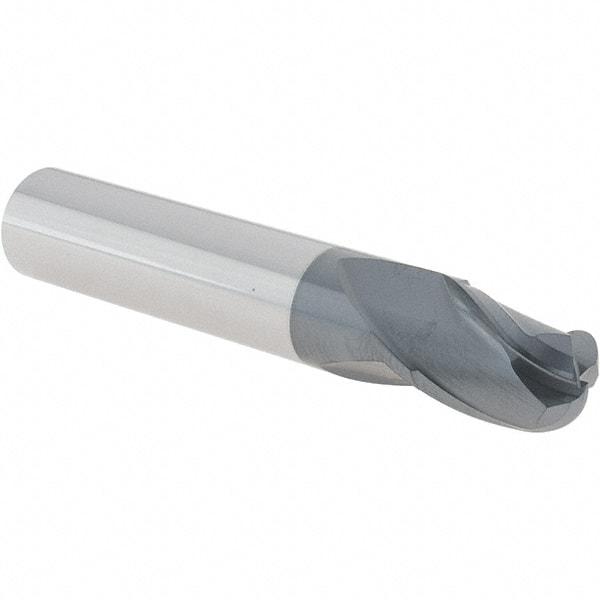 Iscar - 1/2" Diam, 9/16" LOC, 3 Flute Solid Carbide Ball End Mill - TiAlN Finish, Single End, 3" OAL, 1/2" Shank Diam, Spiral Flute - Eagle Tool & Supply