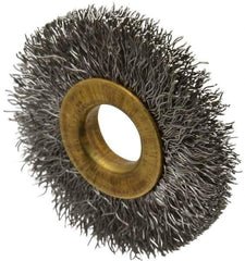 Value Collection - 1-1/2" OD, 3/8" Arbor Hole, Crimped Stainless Steel Wheel Brush - 1/4" Face Width, 3/8" Trim Length, 0.007" Filament Diam, 20,000 RPM - Eagle Tool & Supply