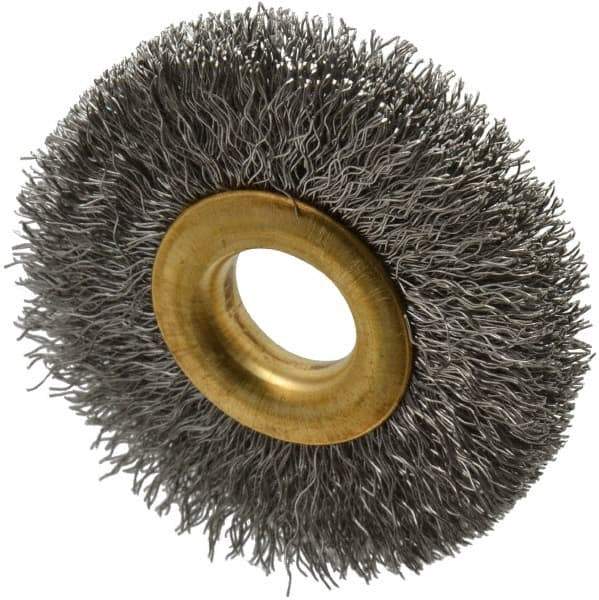 Value Collection - 2" OD, 1/2" Arbor Hole, Crimped Stainless Steel Wheel Brush - 5/16" Face Width, 1/2" Trim Length, 0.007" Filament Diam, 15,000 RPM - Eagle Tool & Supply