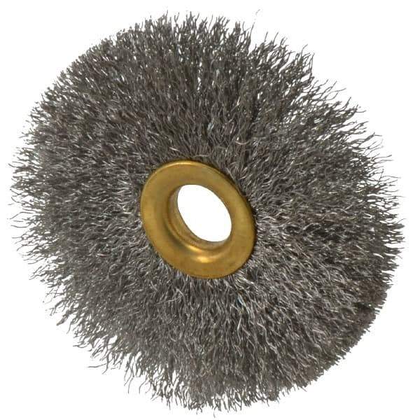 Value Collection - 3" OD, 1/2" Arbor Hole, Crimped Stainless Steel Wheel Brush - 3/8" Face Width, 1" Trim Length, 0.007" Filament Diam, 15,000 RPM - Eagle Tool & Supply