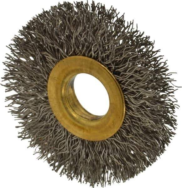 Value Collection - 2" OD, 1/2" Arbor Hole, Crimped Stainless Steel Wheel Brush - 5/16" Face Width, 1/2" Trim Length, 0.012" Filament Diam, 15,000 RPM - Eagle Tool & Supply